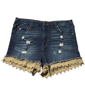 Celebrity Pink Denim Shorts Distressed Crochet Trim Dark Wash Juniors Size 11